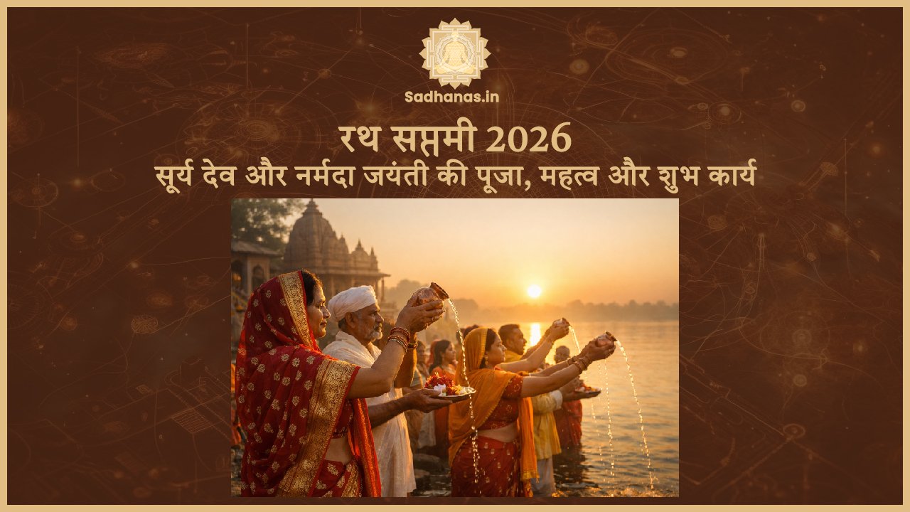 रथ सप्तमी 2026 पर भक्त सूर्य देव को अर्घ्य अर्पित करते हुए, हाथों में तांबे का लोटा और फूल, पारंपरिक भारतीय पोशाक में, सूर्योदय की सुनहरी किरणों के साथ, मंदिर के पृष्ठभूमि में, आध्यात्मिक और शांतिपूर्ण दृश्य
