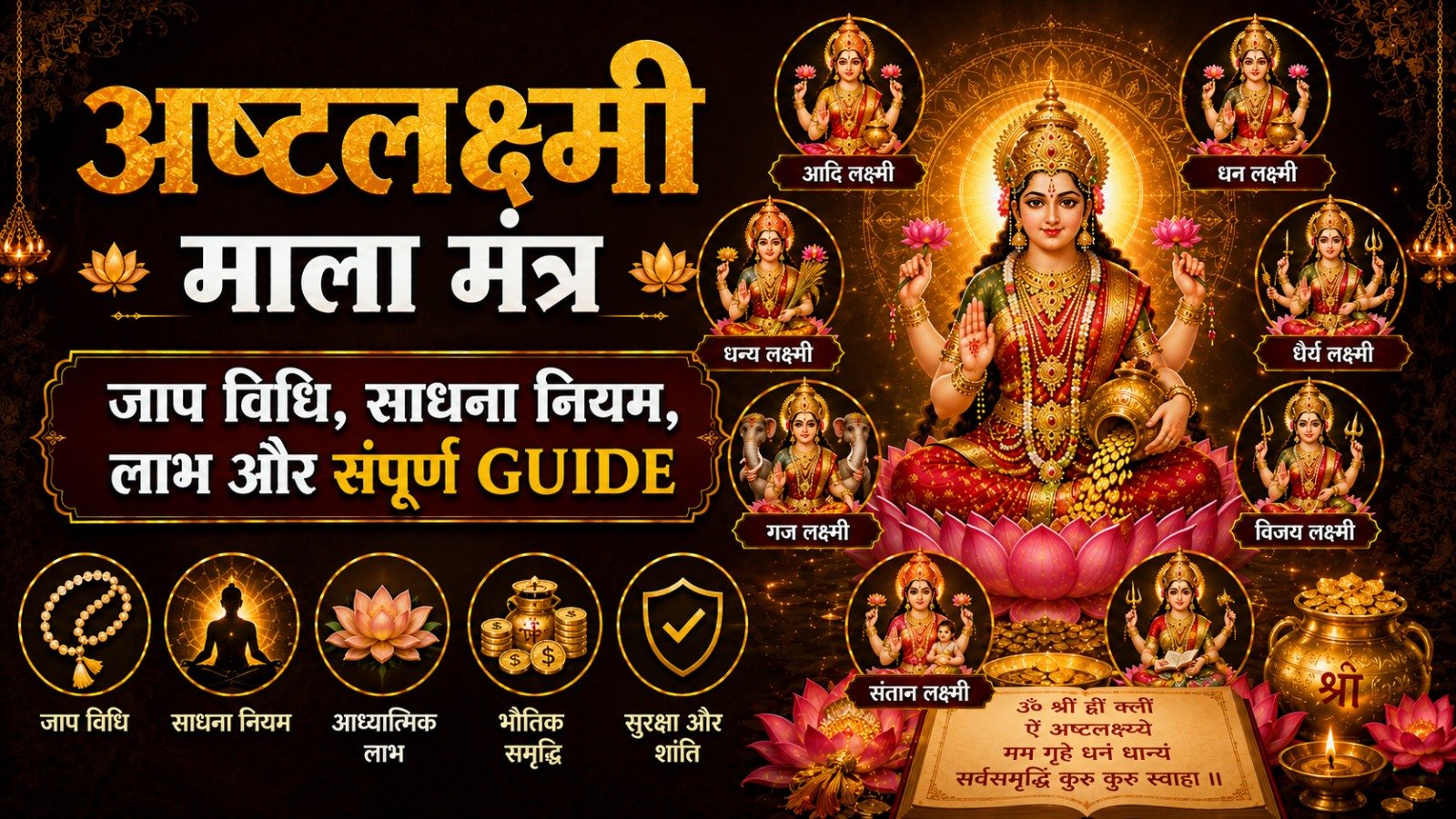 Asht Lakshmi Mala Mantra अष्टलक्ष्मी माला मंत्र जाप विधि साधना नियम लाभ और संपूर्ण GuideIt takes 12 minutes to read this article    Sadhanasin   Sadhanasin