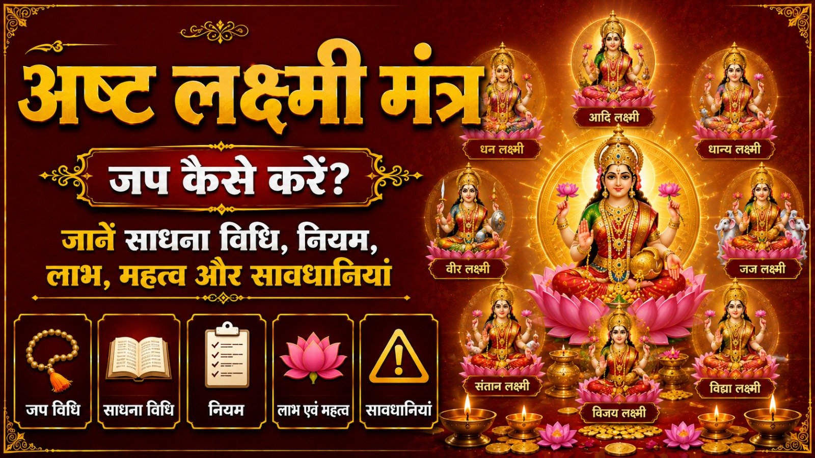 Asht Lakshmi Mantra अष्ट लक्ष्मी मन्त्र जप कैसे करें जानें साधना विधि नियम लाभ महत्व और सावधानियांIt takes 10 minutes to read this article    Sadhanasin   Sadhanasin