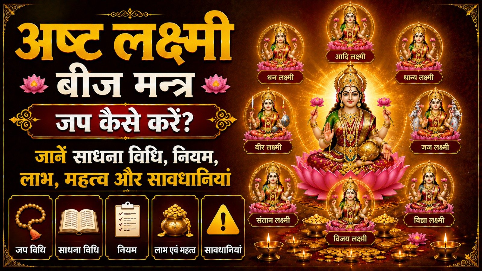 Ashta Lakshmi Beej Mantra जप कैसे करें जानें साधना विधि नियम लाभ महत्व और सावधानियांIt takes 13 minutes to read this article    Sadhanasin   Sadhanasin