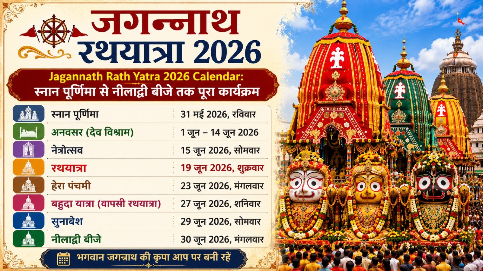 Jagannath Rath Yatra 2026 Calendar स्नान पूर्णिमा से नीलाद्री बीजे तक पूरा कार्यक्रमIt takes 11 minutes to read this article    Sadhanasin   Sadhanasin